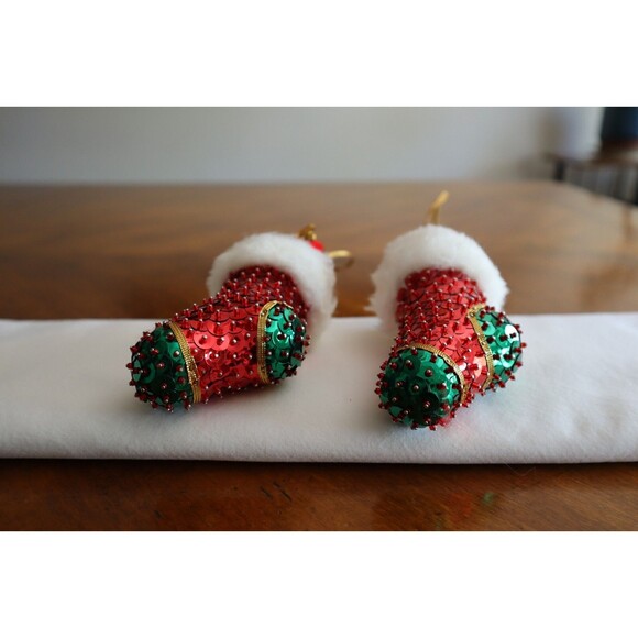 Vtg Lot of 2 Handmade Sequin Beaded Boot Stocking Christmas Ornaments Sulyn - Picture 5 of 12
